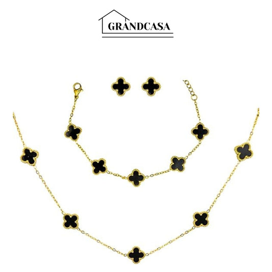 Kit Colar Choker Pulseira E Brinco Trevo Preto Gargantilha Sorte Luxo Elegante Virginia Aço Inox Dourado
