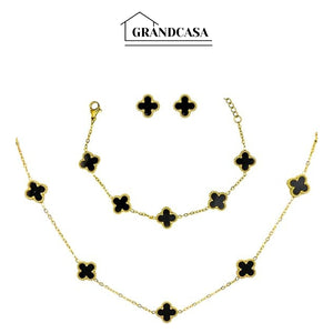 Kit Colar Choker Pulseira E Brinco Trevo Preto Gargantilha Sorte Luxo Elegante Virginia Aço Inox Dourado