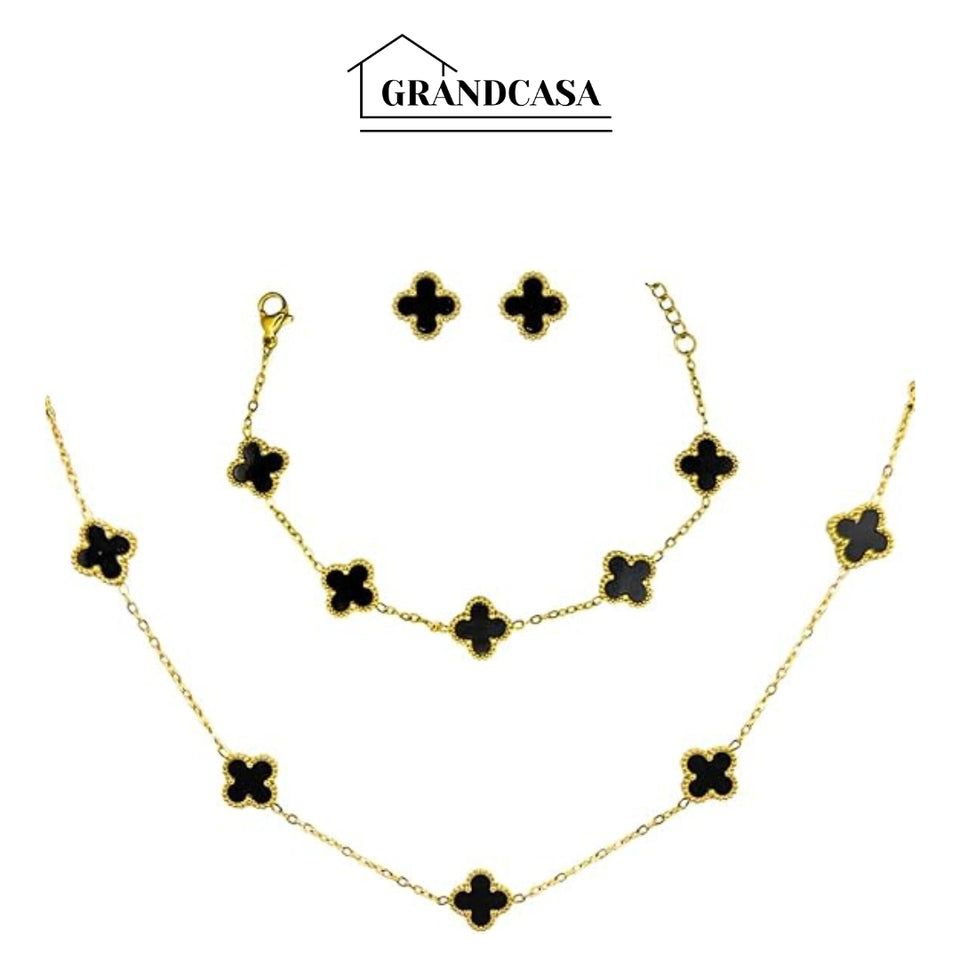 Kit Colar Choker Pulseira E Brinco Trevo Preto Gargantilha Sorte Luxo Elegante Virginia Aço Inox Dourado