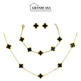 Kit Colar Choker Pulseira E Brinco Trevo Preto Gargantilha Sorte Luxo Elegante Virginia Aço Inox Dourado