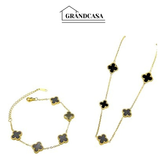 Kit Colar Choker Pulseira E Brinco Trevo Preto Gargantilha Sorte Luxo Elegante Virginia Aço Inox Dourado