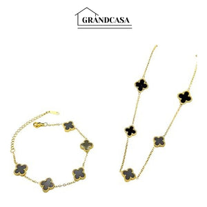 Kit Colar Choker Pulseira E Brinco Trevo Preto Gargantilha Sorte Luxo Elegante Virginia Aço Inox Dourado