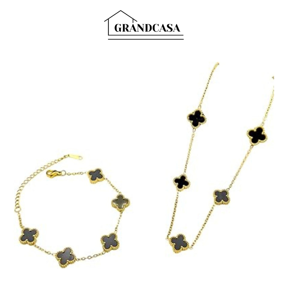 Kit Colar Choker Pulseira E Brinco Trevo Preto Gargantilha Sorte Luxo Elegante Virginia Aço Inox Dourado
