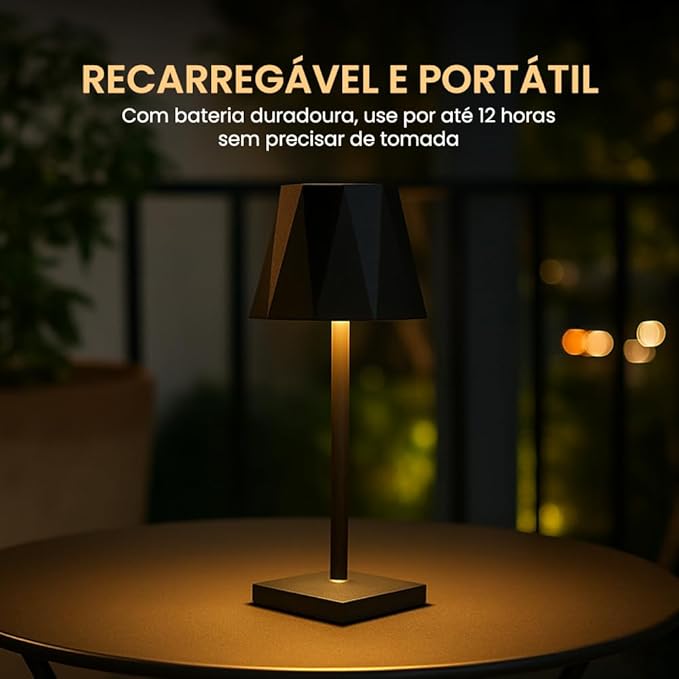 Abajur Luminária Led Mesa Touch Recarregável Sem Fio 3 Níveis de Luz Portátil