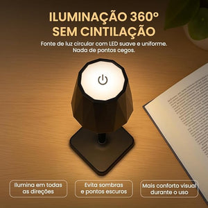 Abajur Luminária Led Mesa Touch Recarregável Sem Fio 3 Níveis de Luz Portátil