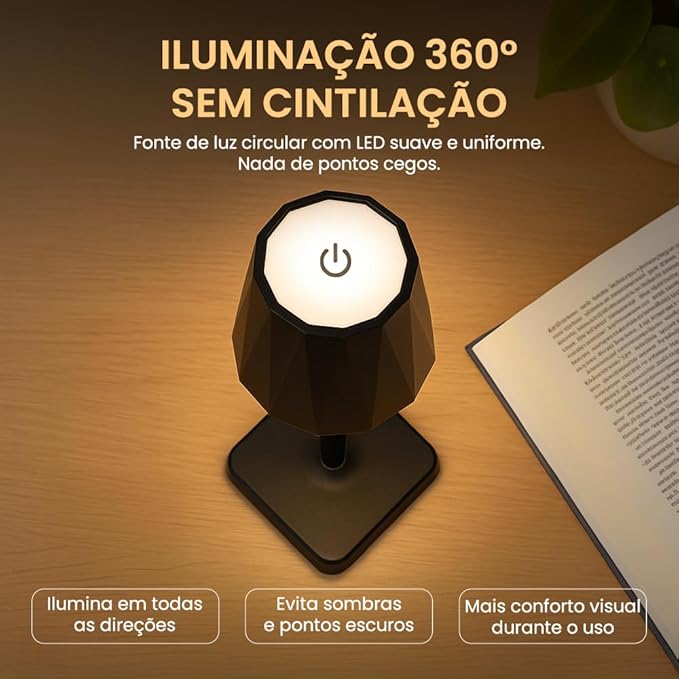 Abajur Luminária Led Mesa Touch Recarregável Sem Fio 3 Níveis de Luz Portátil