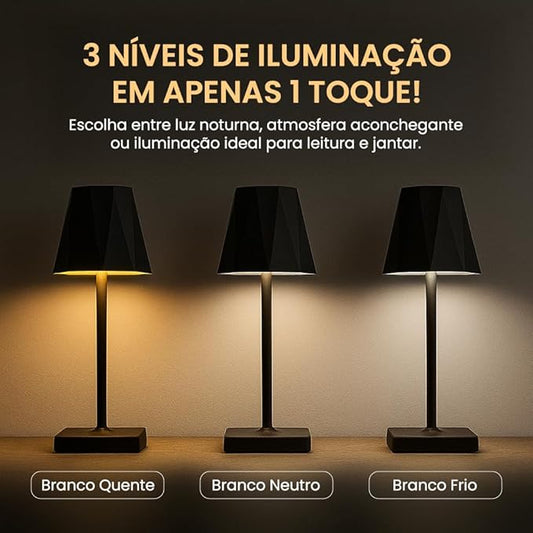 Abajur Luminária Led Mesa Touch Recarregável Sem Fio 3 Níveis de Luz Portátil