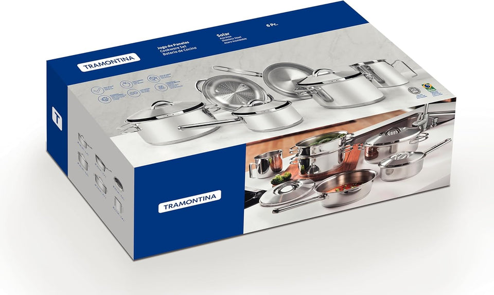 Jogo de Panelas Tramontina Solar em Aço Inox com Fundo Triplo e Tampas de Inox 6 Peças