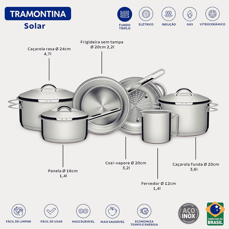 Jogo de Panelas Tramontina Solar em Aço Inox com Fundo Triplo e Tampas de Inox 6 Peças